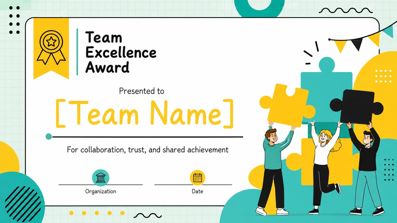 Team excellence award presentation slide featuring a bold group recognition certificate layout.