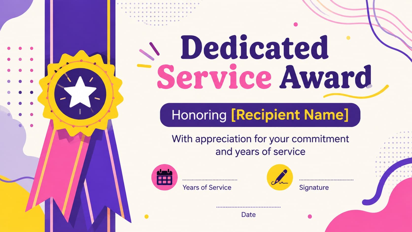Dedicated service appreciation certificate with a modern ribbon motif and signature fields.