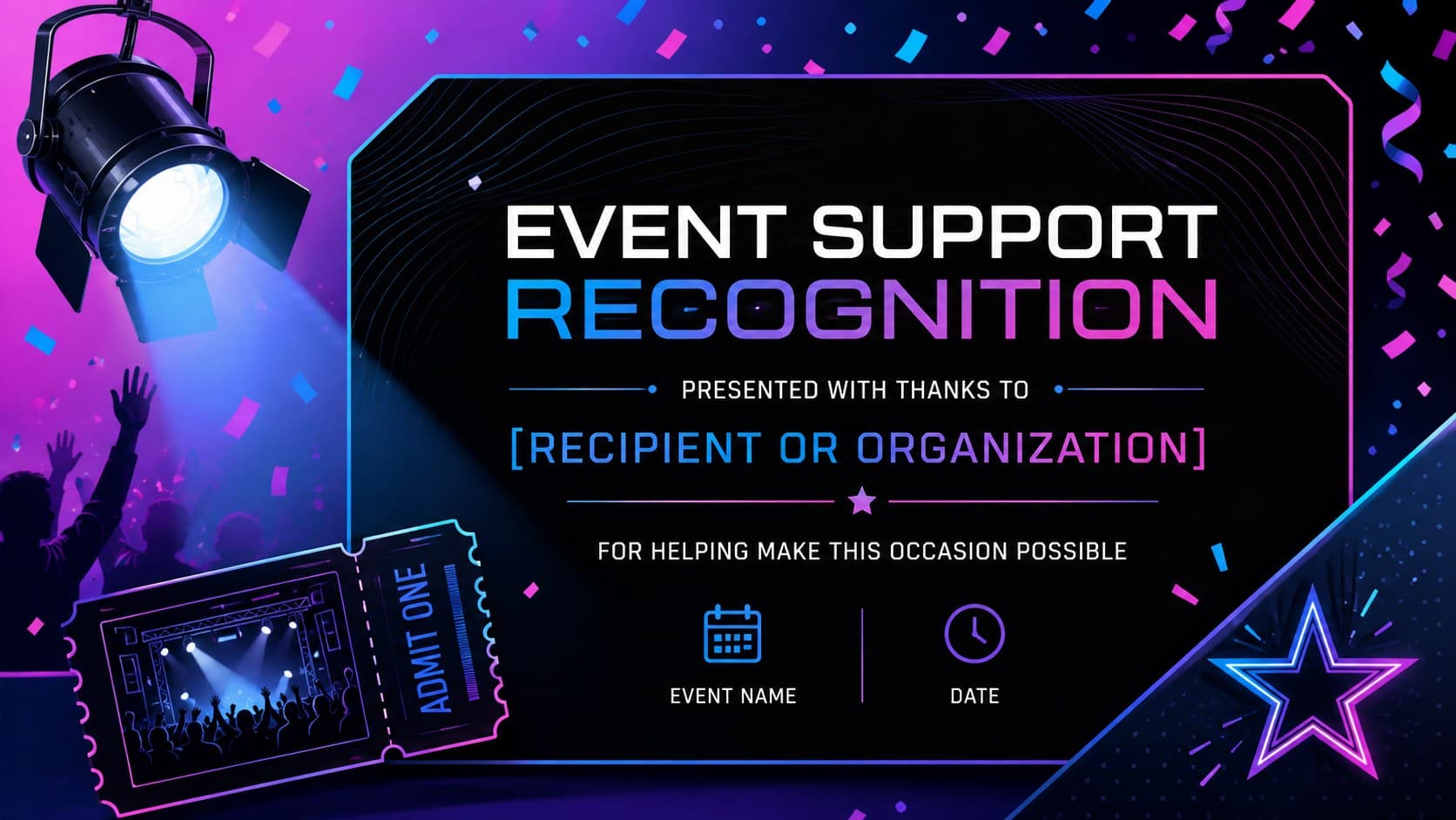 Event sponsor appreciation certificate with colorful spotlights and a clean recipient area.