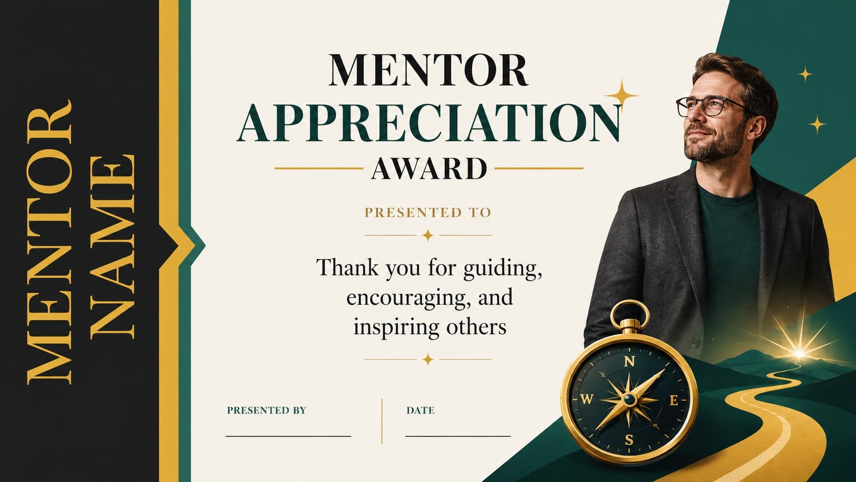 Mentor appreciation award slide with modern geometric details and a personalized message.