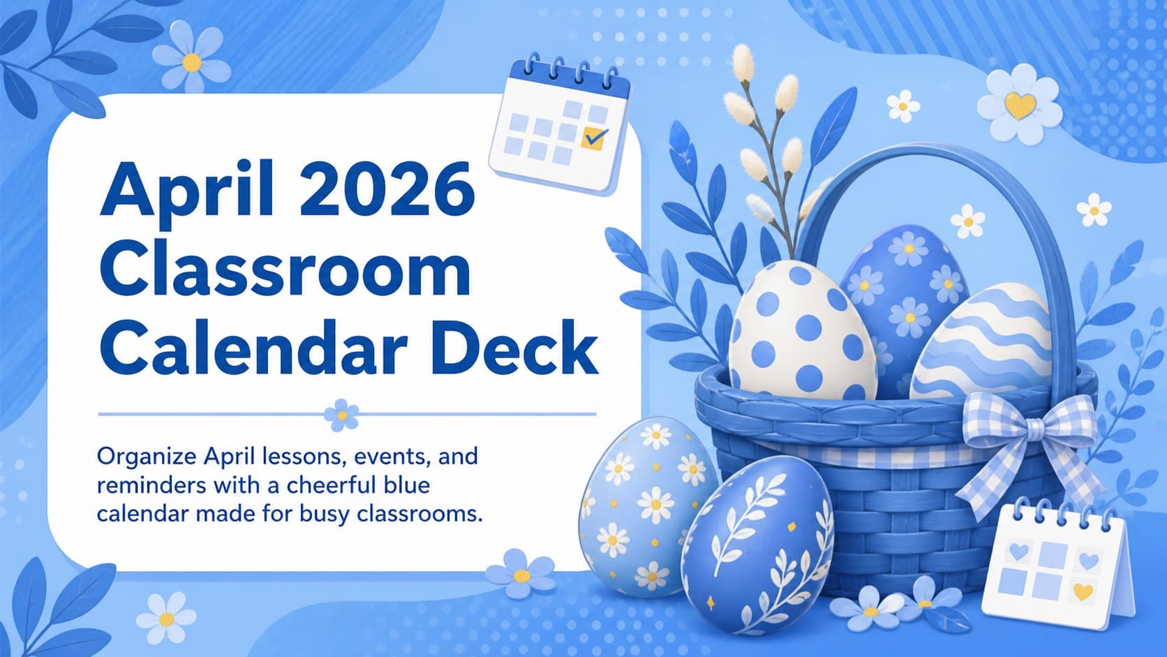 Cover of the April 2026 classroom calendar deck with blue spring patterns and illustrated Easter egg accents.