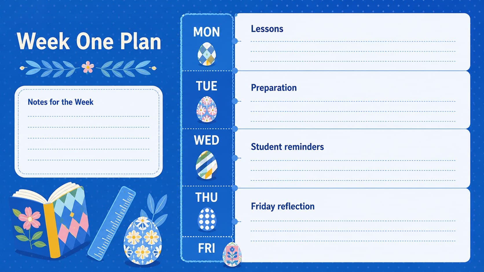 Editable April calendar for teachers with a weekly plan for lessons, preparation, and student reminders.