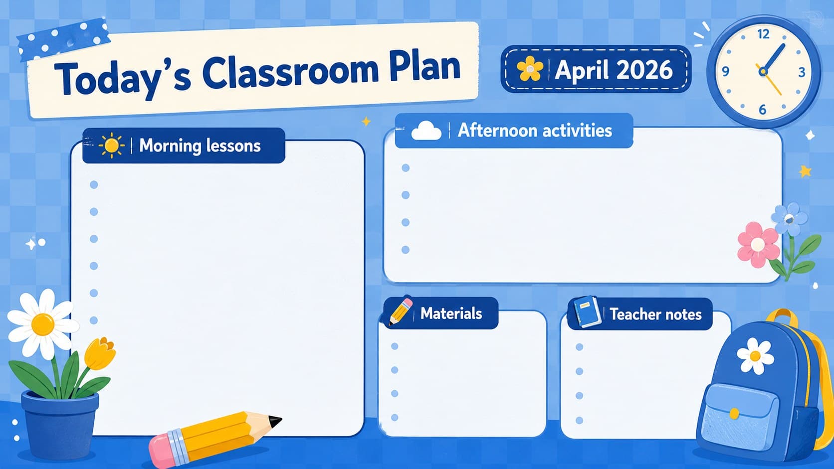 Daily school planner slide deck page organizing morning lessons, afternoon activities, and teacher notes.