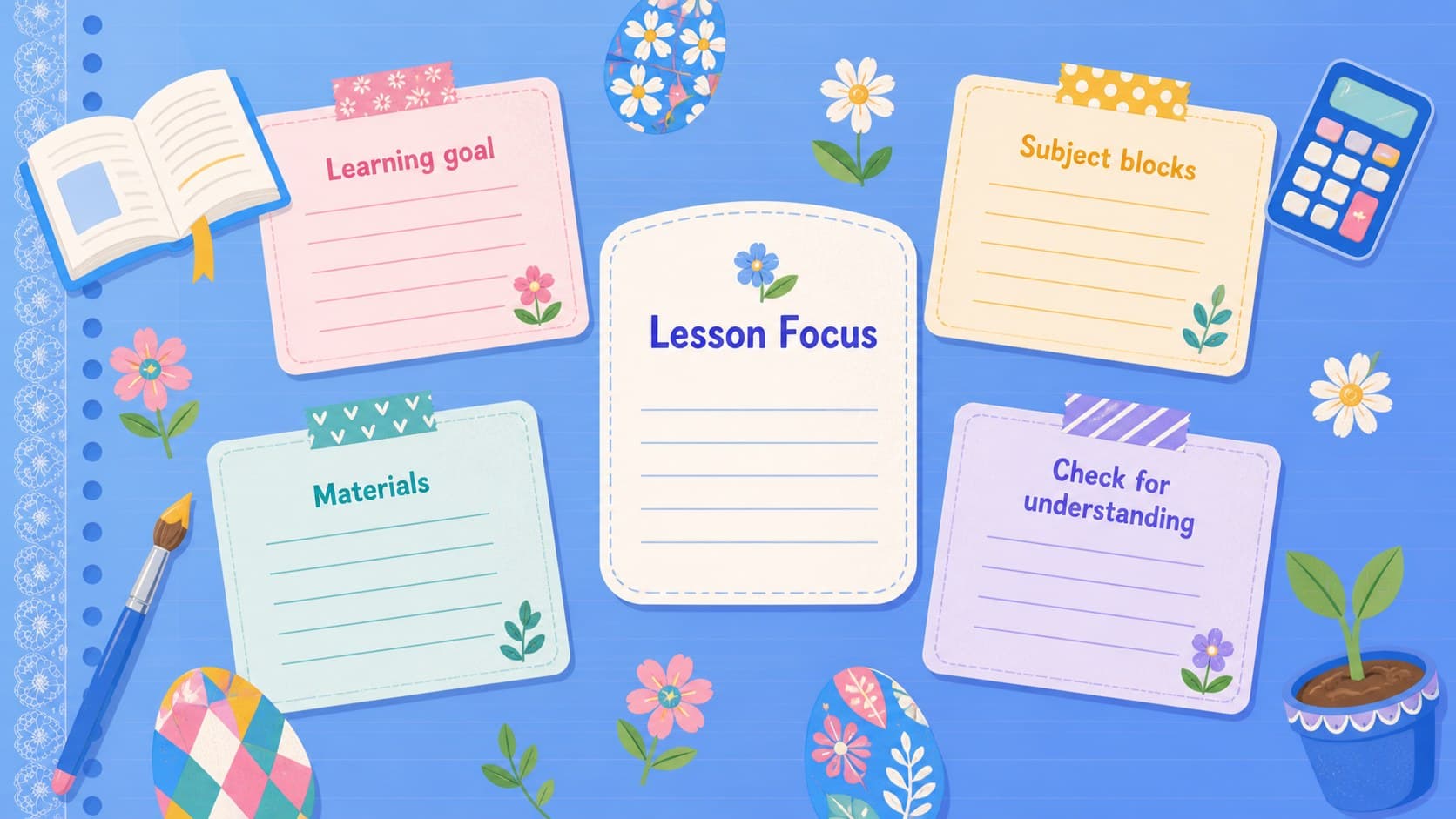 Illustrated April lesson planner with subject blocks, learning goals, and classroom materials.