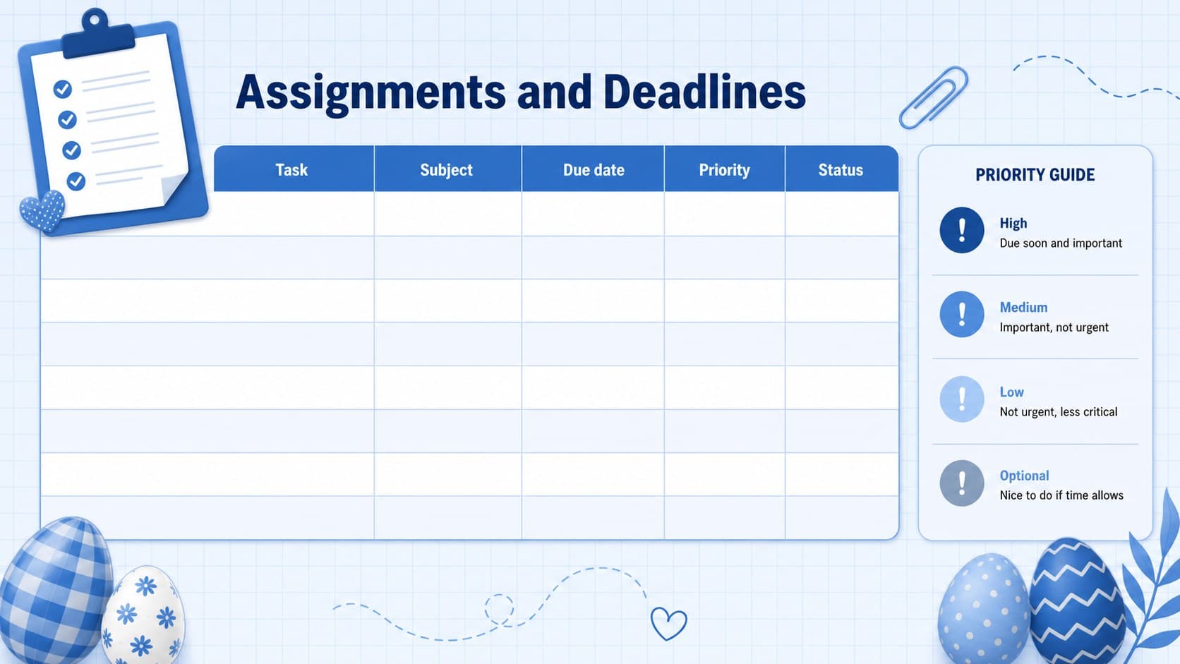 Spring classroom schedule template displaying assignment deadlines and completion status in blue.