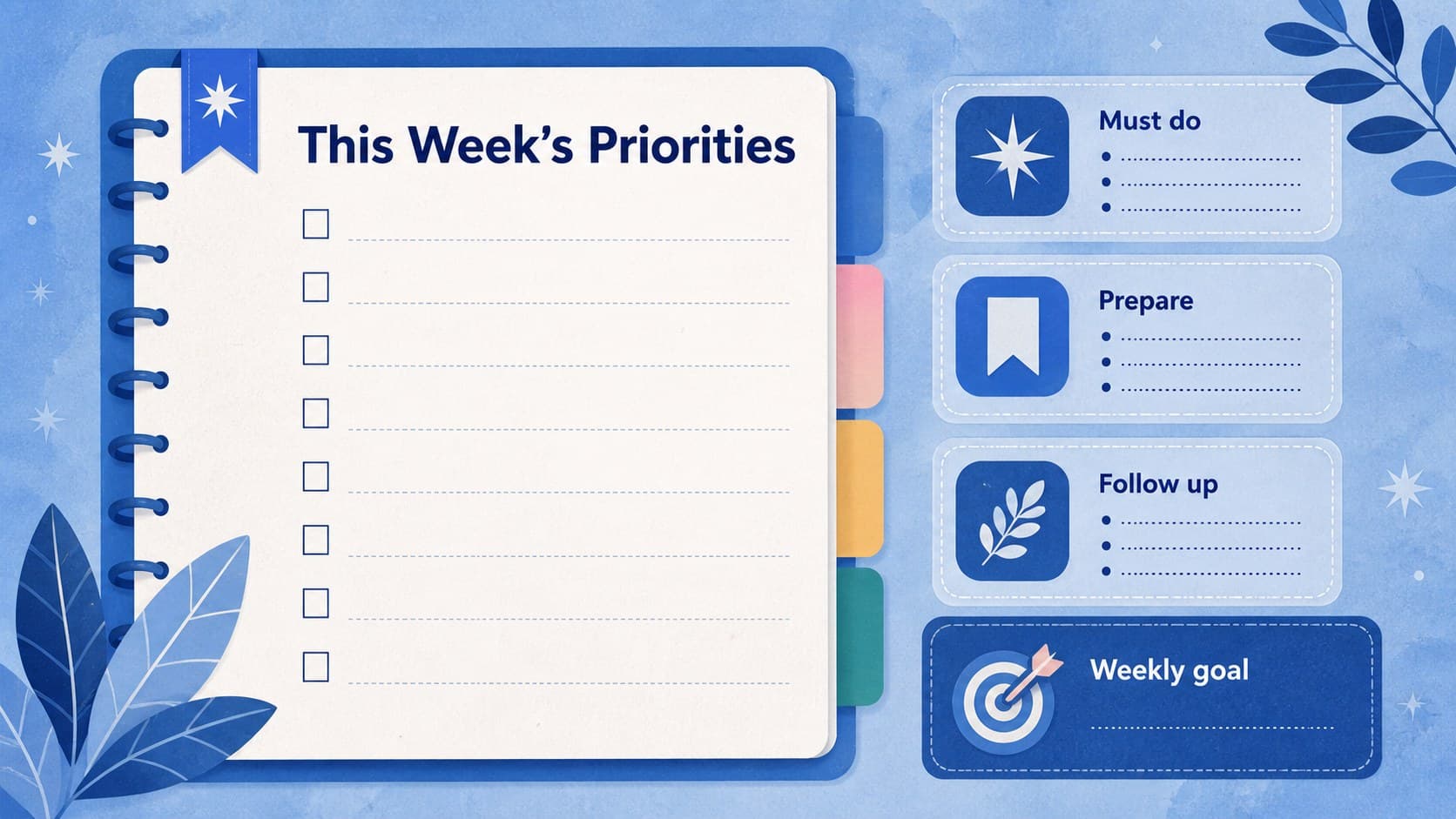 Teacher calendar for Google Slides featuring a classroom priorities checklist and weekly goals.