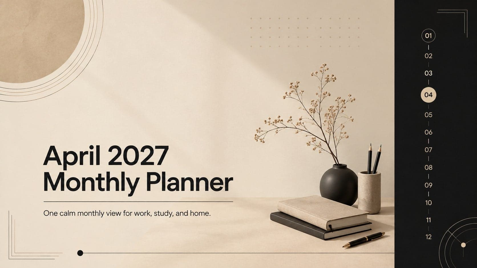 Cover of the April 2027 monthly planner in a minimalist beige-and-black presentation style.