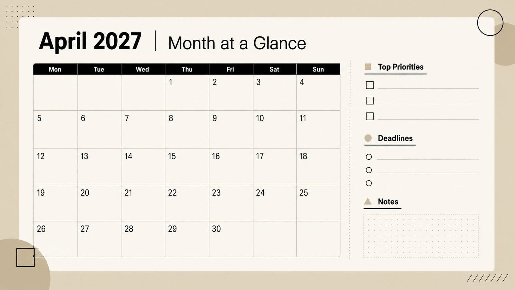Dated April 2027 planning calendar with a monthly grid, priorities, and notes areas.