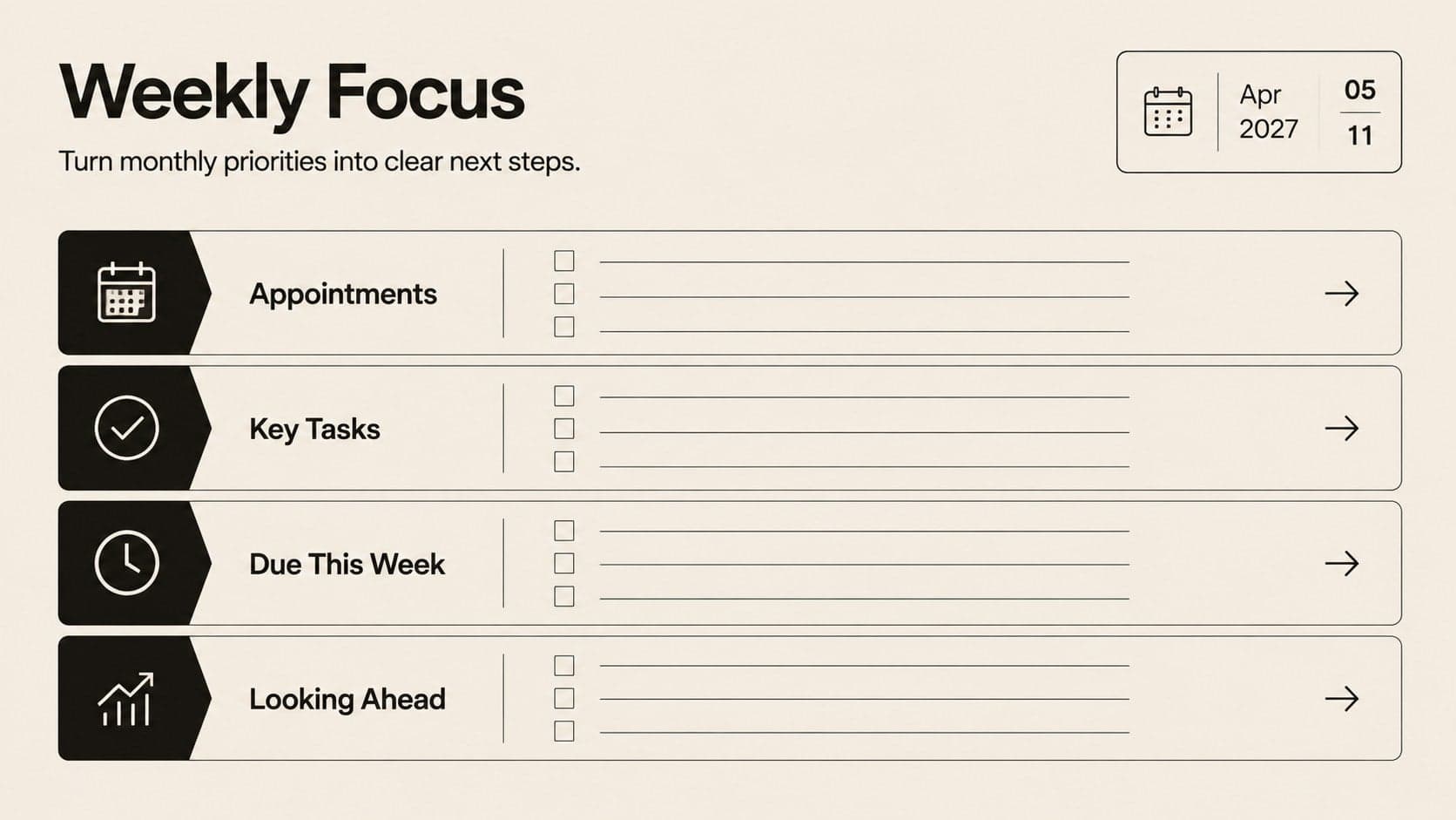 April 2027 weekly focus slide for organizing appointments, tasks, and upcoming deadlines.