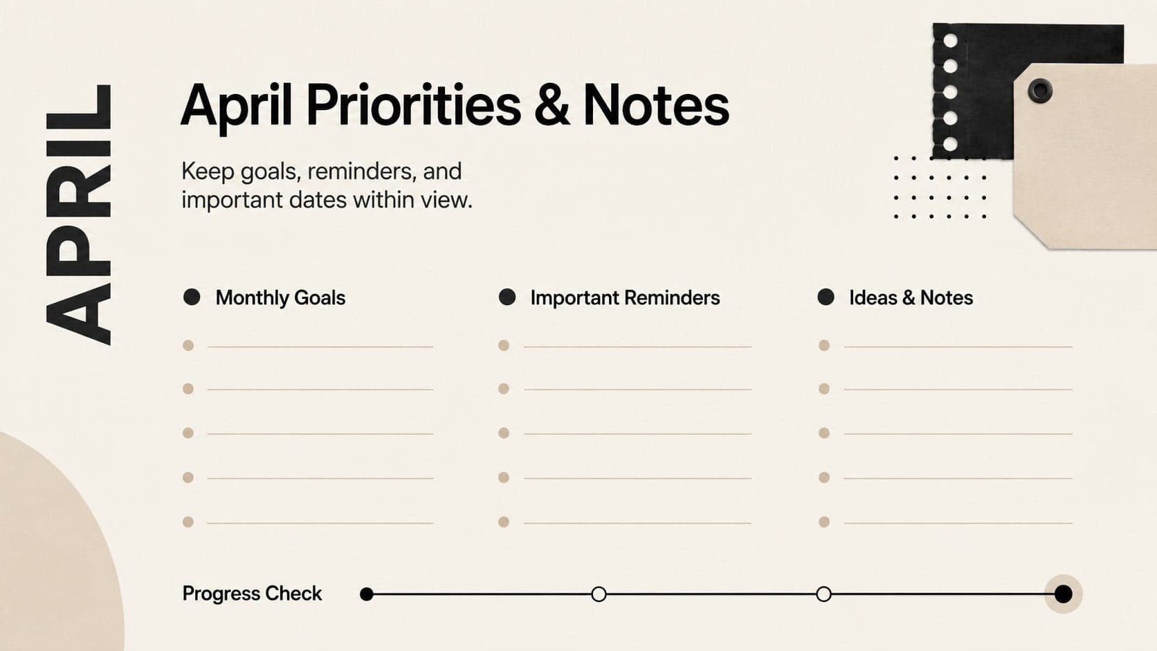 Minimal April 2027 priorities and notes page with sections for goals, reminders, and progress.