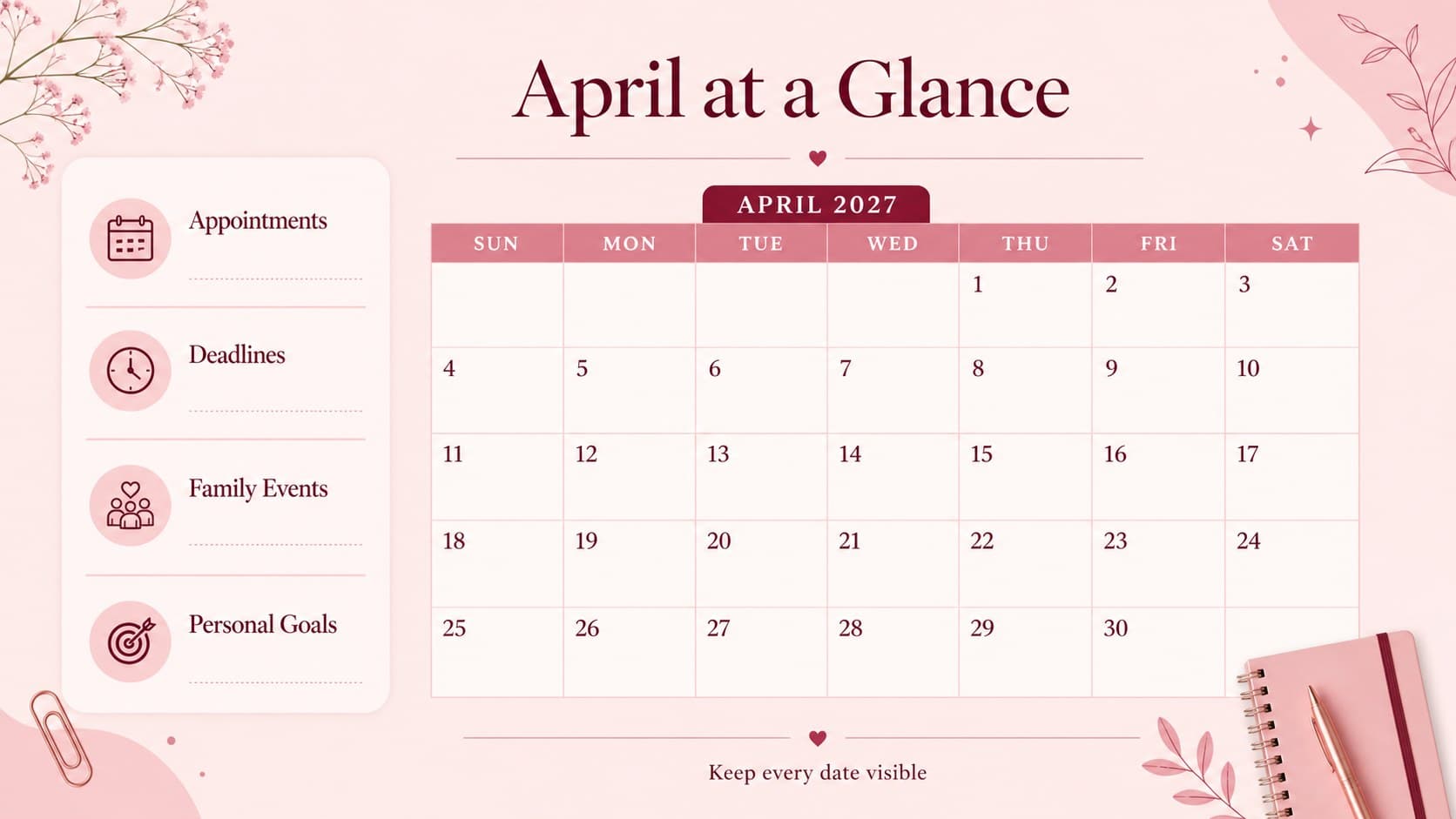 April 2027 appointment tracker slide showing an organized pink monthly schedule with dates and reminders.