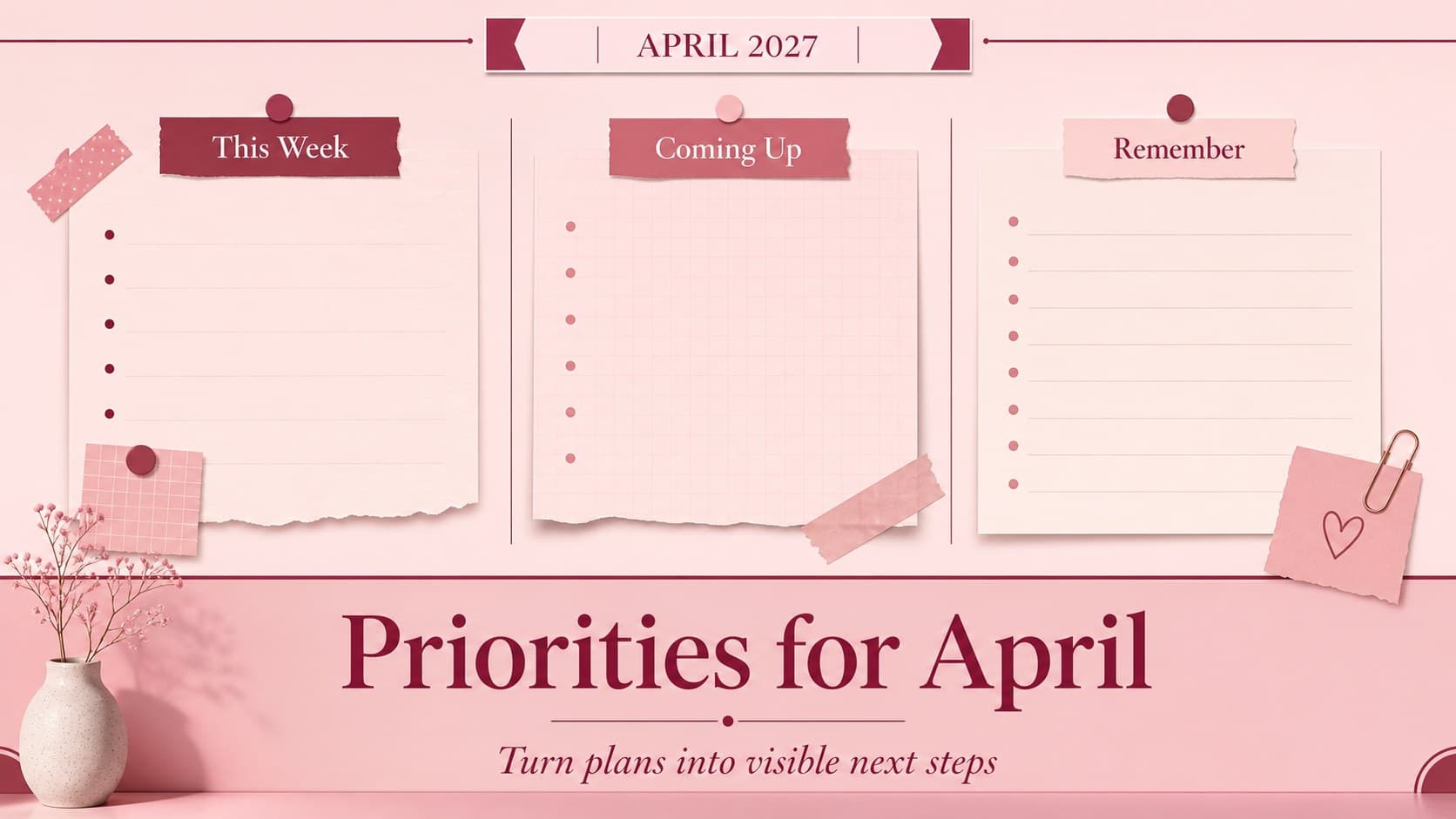 Pink deadline planning board slide with columns for priorities, reminders, and important April 2027 dates.