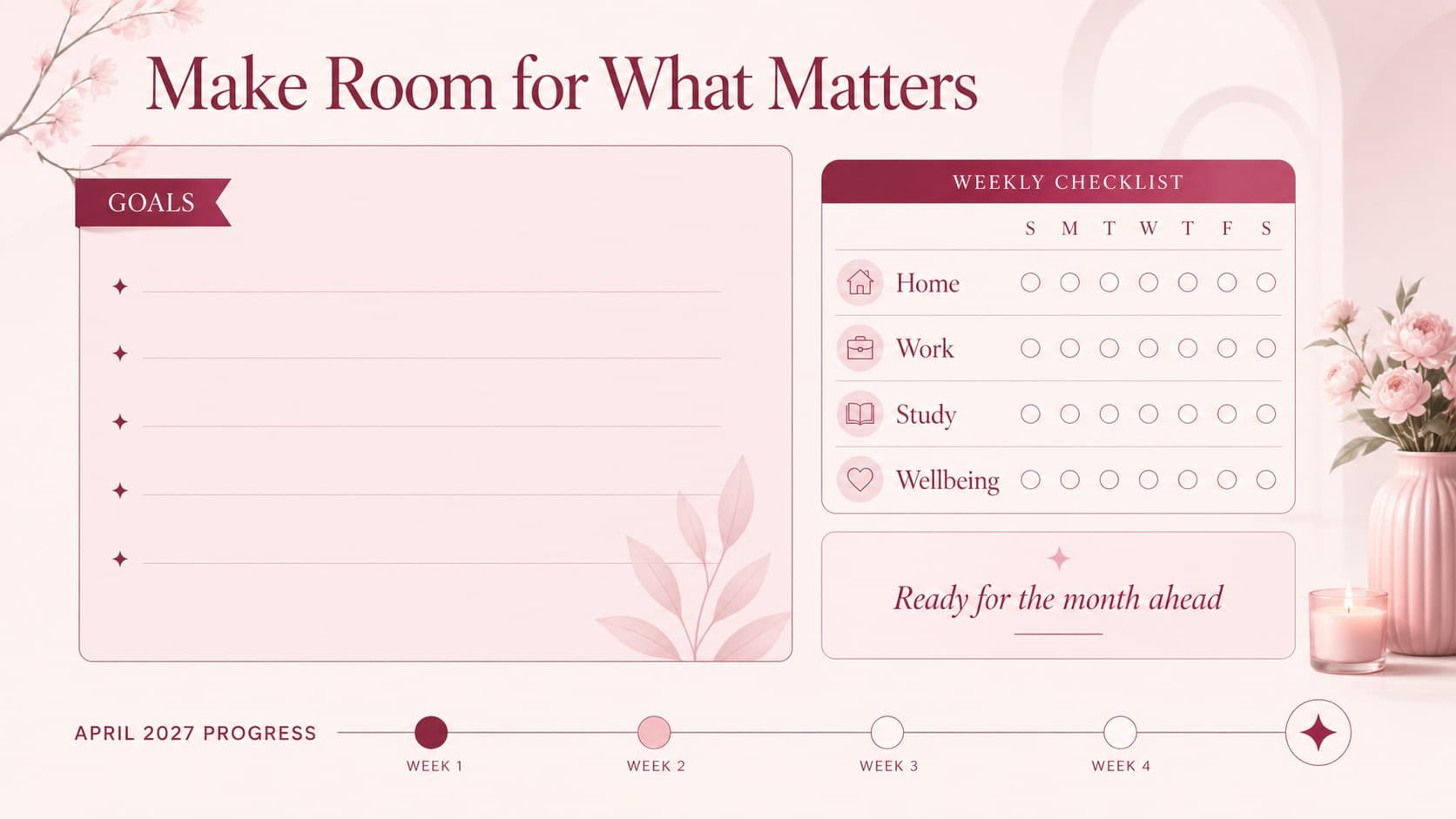 Pink personal goals and household schedule slide completing an April 2027 digital monthly planner.
