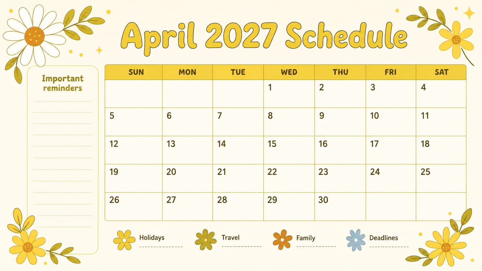 Editable April 2027 schedule template slide showing holidays, reminders, and open planning space in a yellow floral layout.