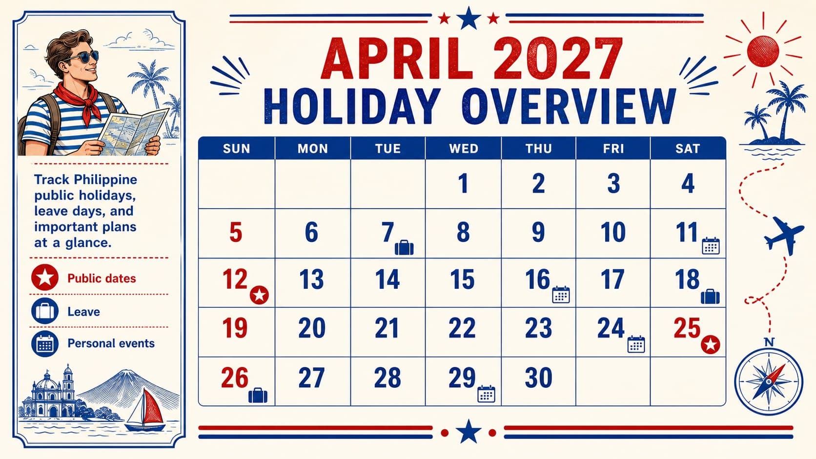 Editable April 2027 holiday overview showing Philippine public dates in a retro monthly calendar layout.