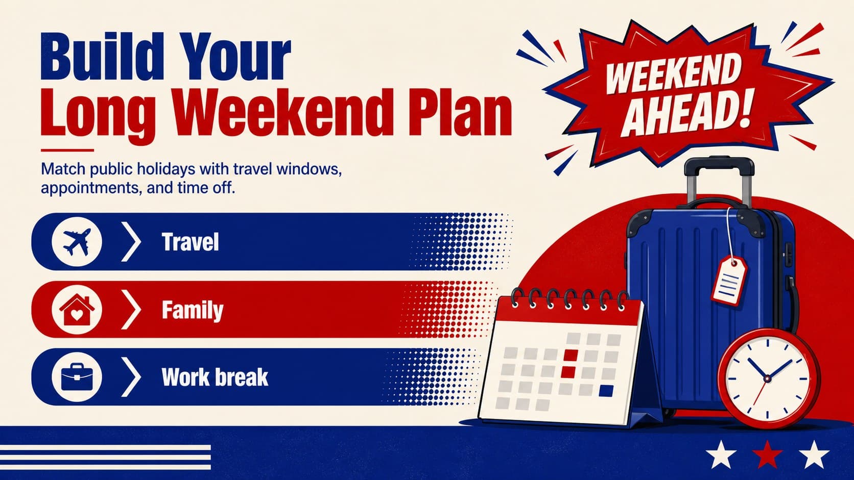 Long weekend planning slide with April dates, travel windows, and personal reminder sections for the Philippines.
