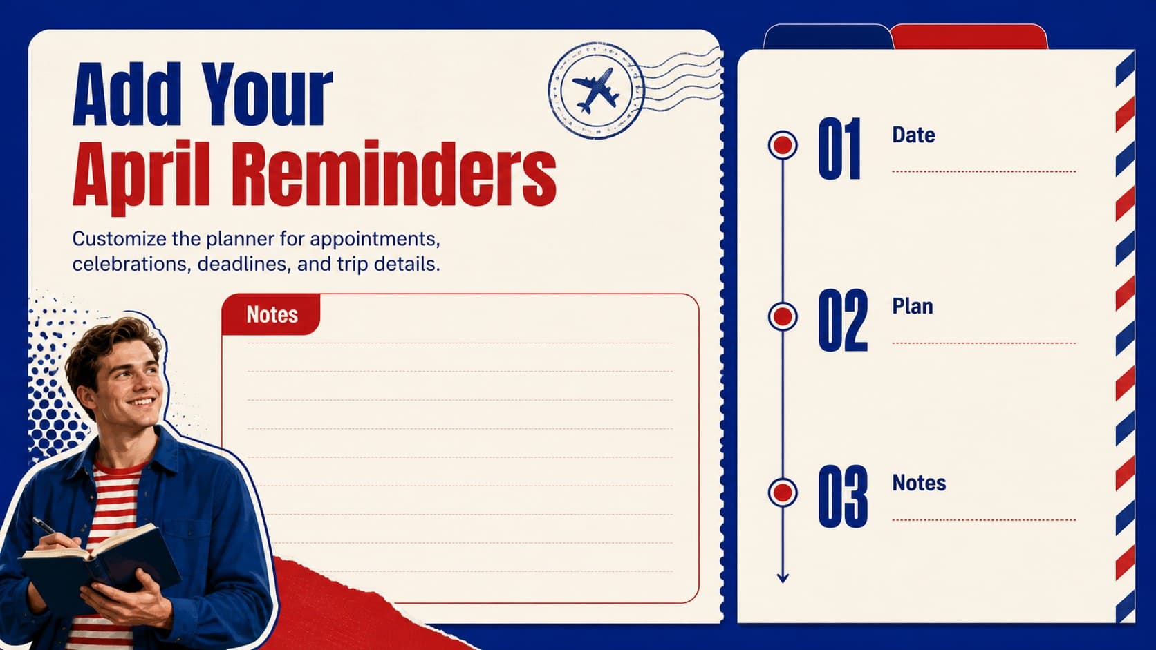 Custom reminders and itinerary slide for organizing April 2027 Philippine holidays, events, and appointments.