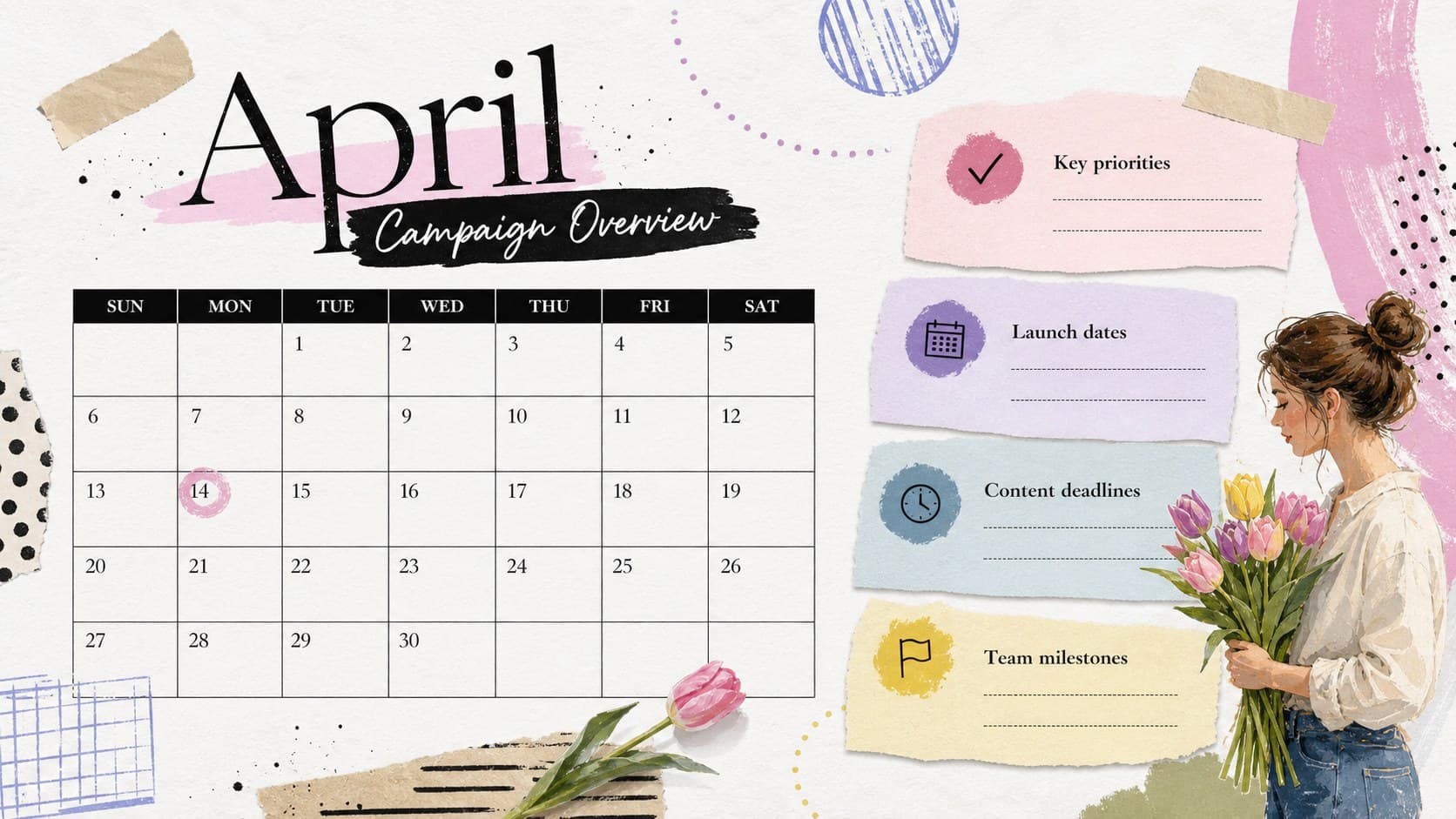 Editable April campaign planner page showing monthly priorities, deadlines, and milestone notes in a colorful anti-design layout.