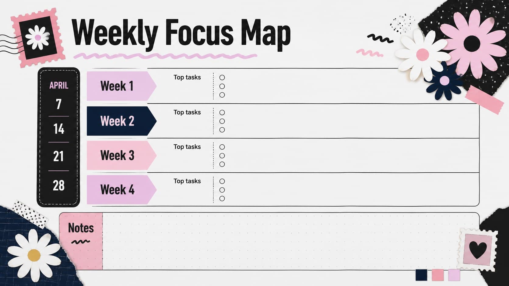 April weekly schedule template with four planning rows, task checkboxes, colorful collage shapes, and bold black labels.