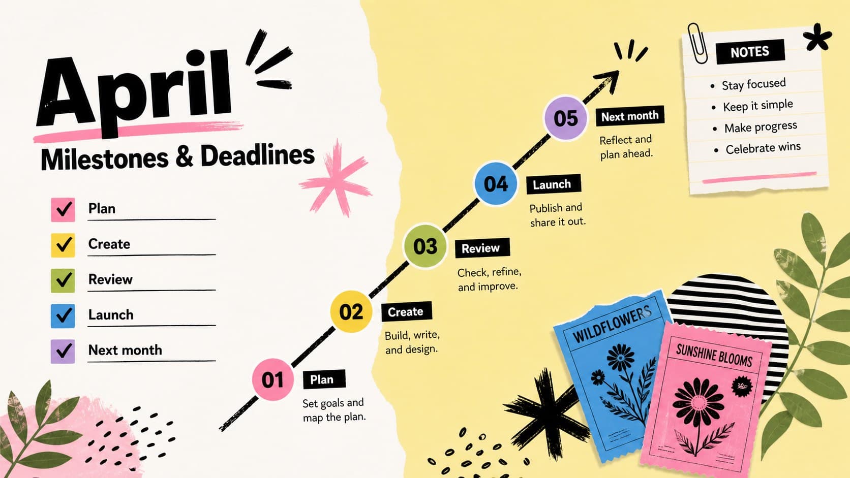 Spring campaign planning slide with an April milestone timeline, deadline checklist, and colorful editorial collage decorations.