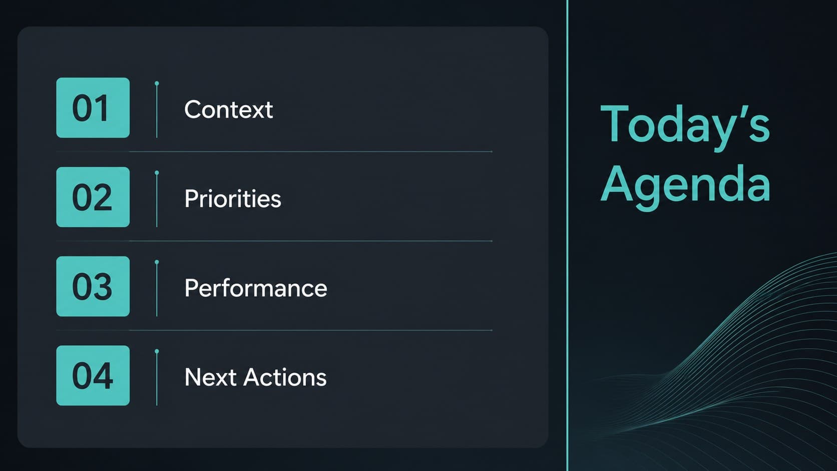 A dark agenda layout from an aqua accent corporate deck with four clearly numbered meeting topics.