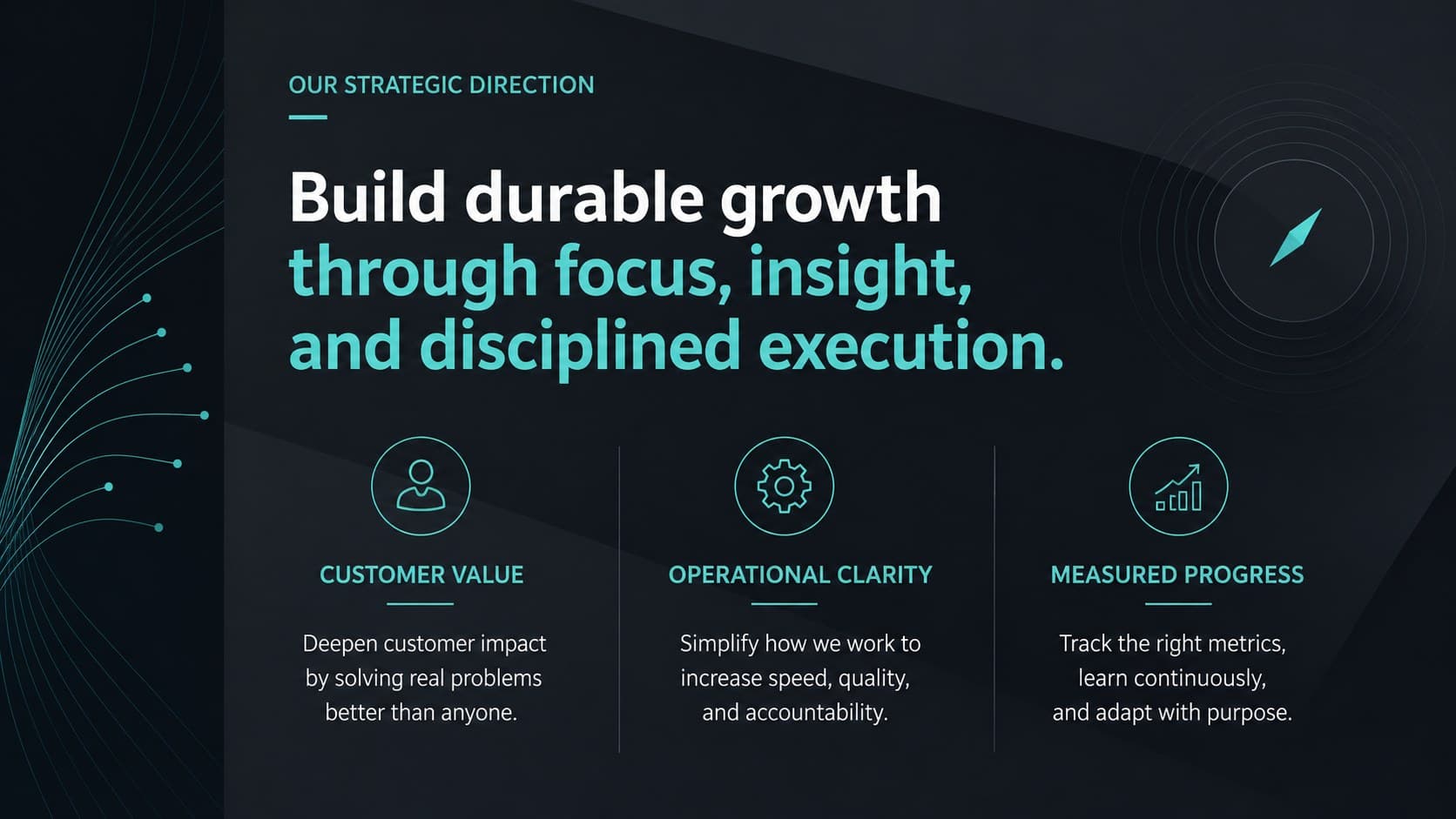 Executive strategy slide presenting a concise business vision and three strategic principles in an aqua and black layout.