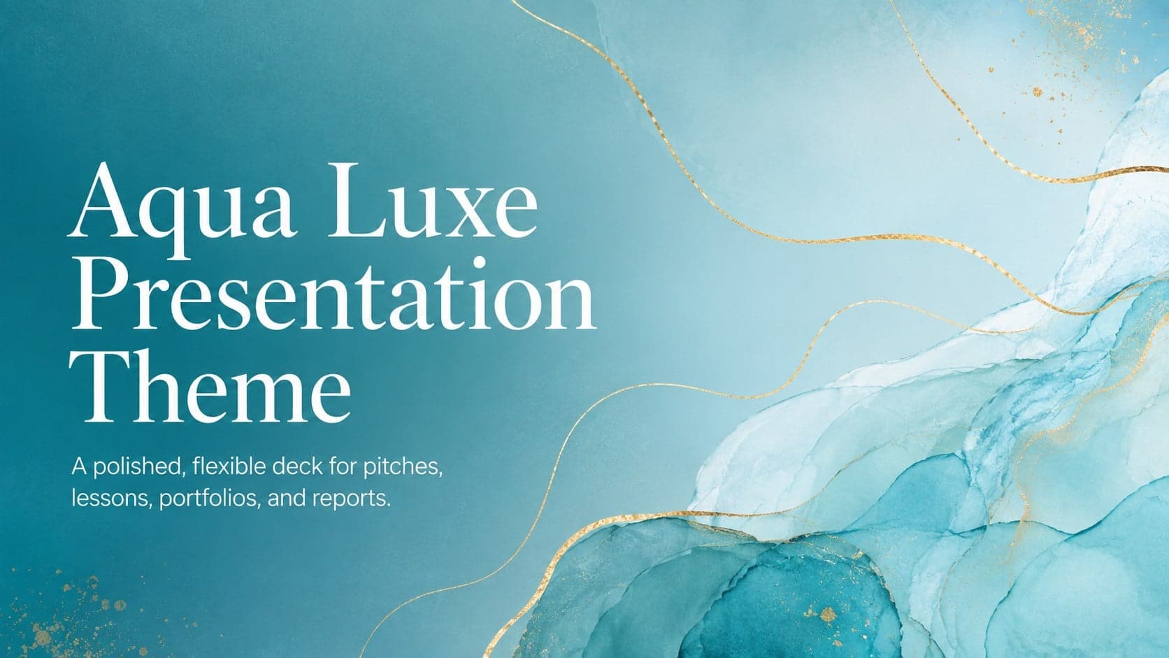 Cover of the Aqua Luxe Presentation Theme with turquoise artwork and refined gold accents.
