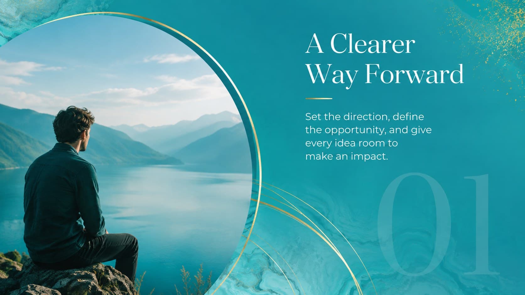 Turquoise multipurpose presentation slide introducing a project vision with an abstract image panel.