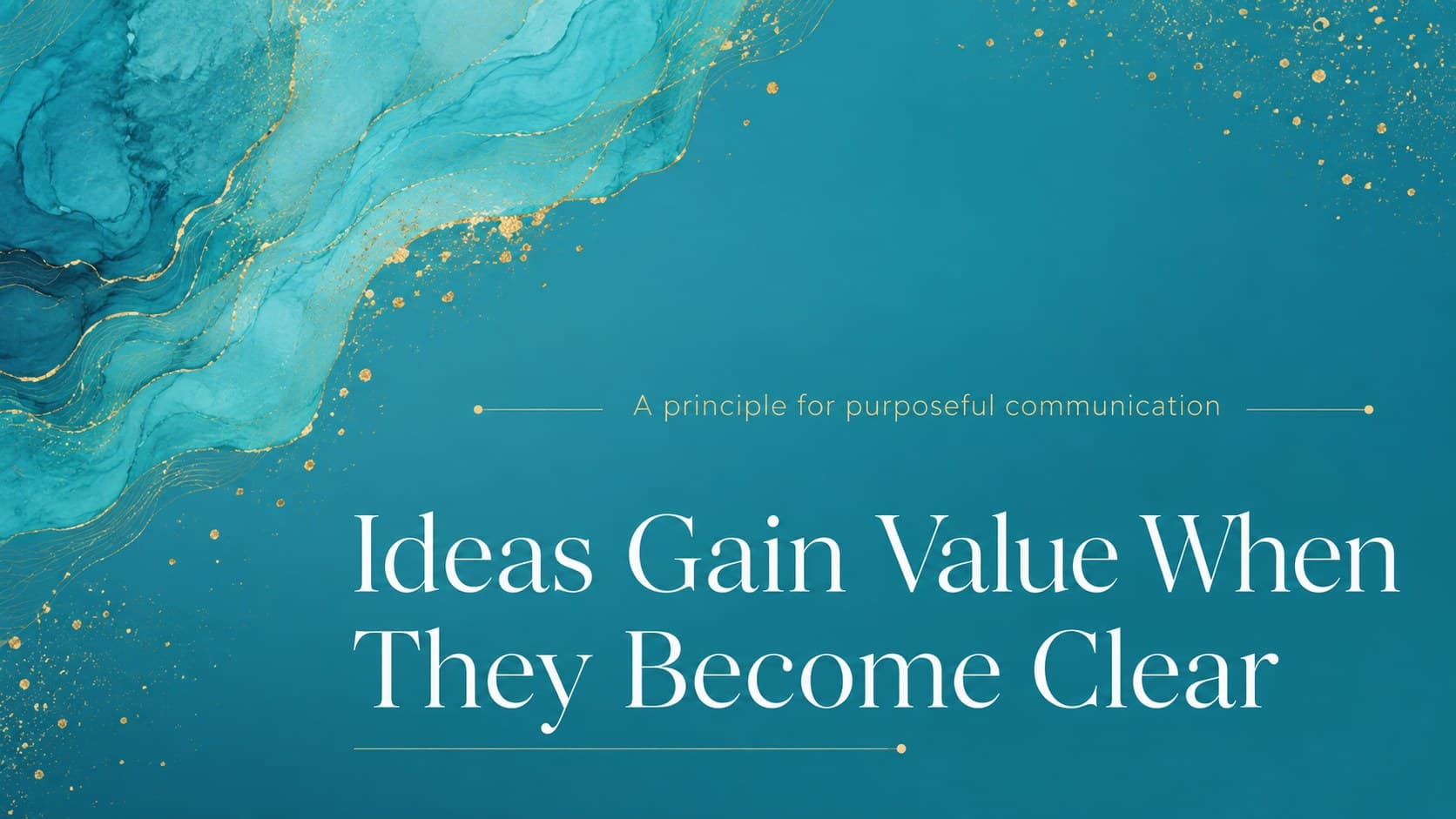 Teal and gold pitch deck slide with a bold quotation and flowing abstract accents.
