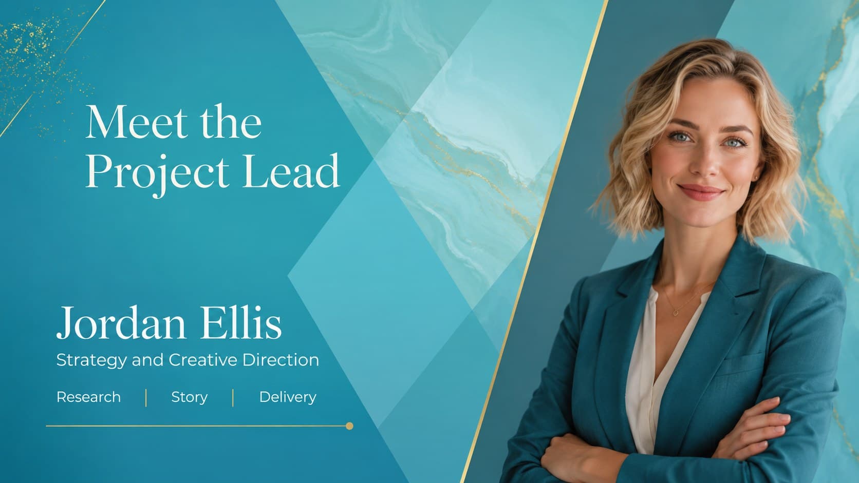 Modern blue and gold portfolio deck slide featuring a team member profile and portrait.