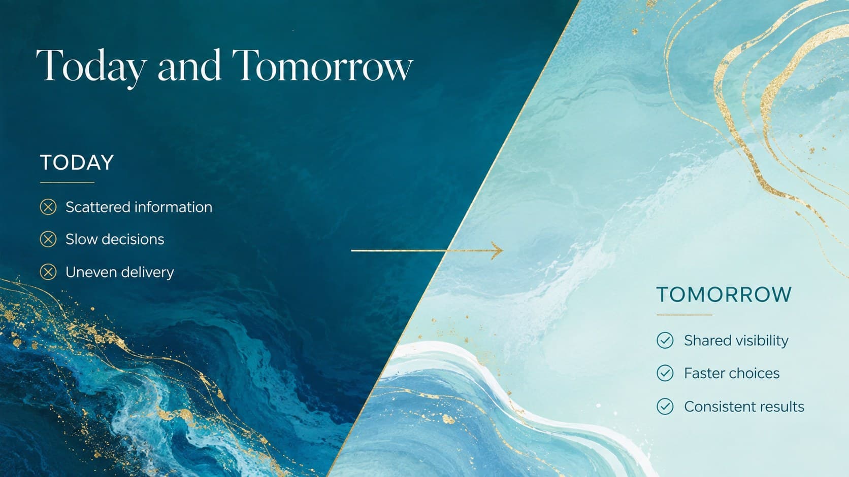 Luxury turquoise business slide comparing current challenges with future opportunities.