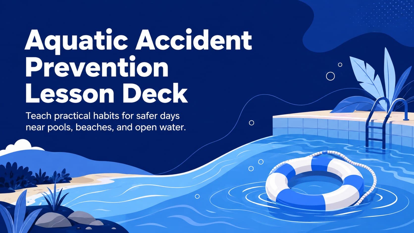 Cover of an aquatic accident prevention lesson deck with blue waves, safety symbols, and bold educational typography.