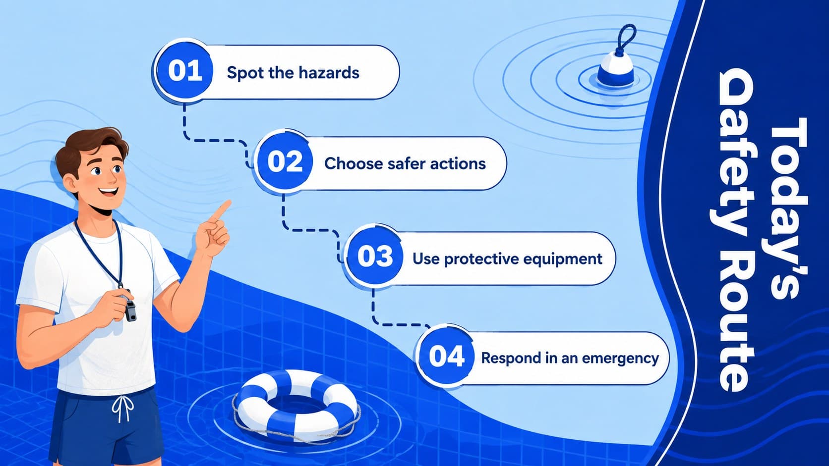 Blue water safety lesson agenda outlining hazards, prevention, equipment, and emergency response topics.
