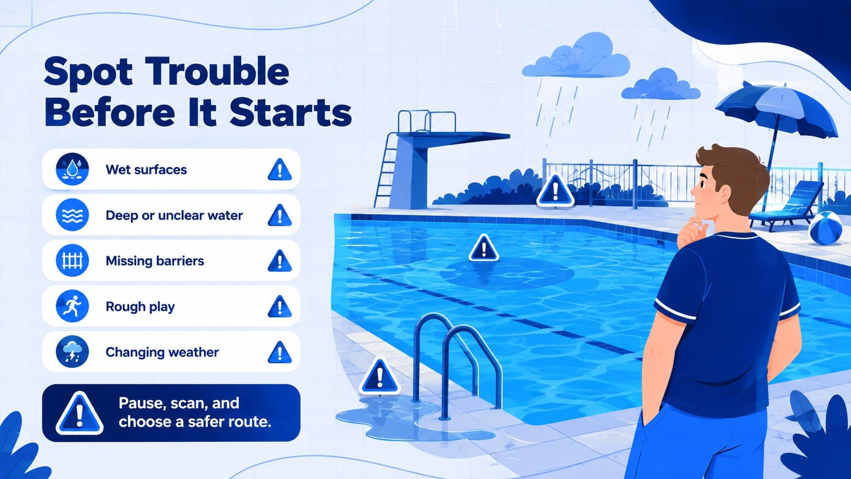 Illustrated swimming pool safety presentation slide showing common hazards around a pool deck.