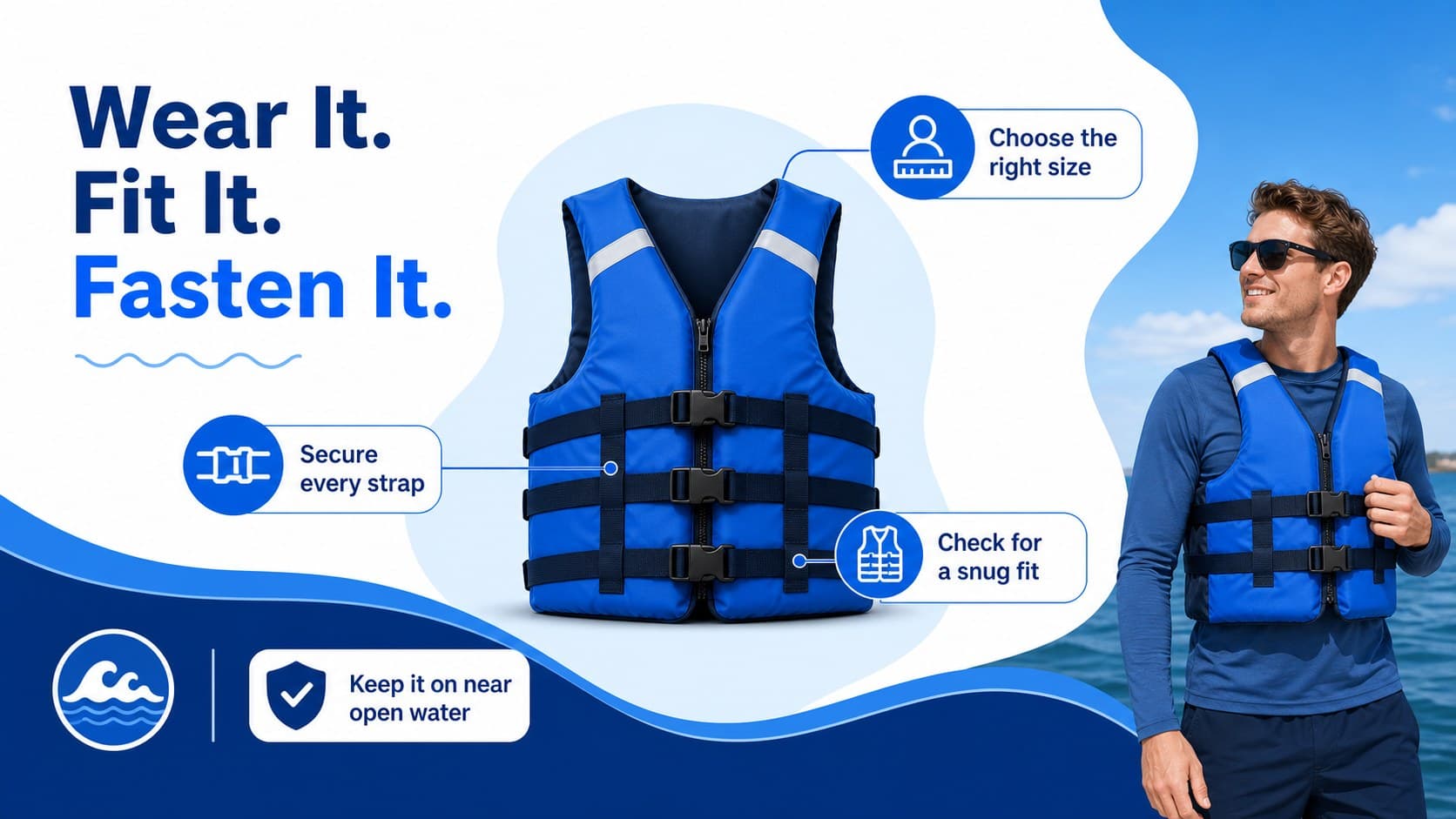 Life jacket safety lesson slide demonstrating fit checks and secure fastening in a blue illustrated layout.