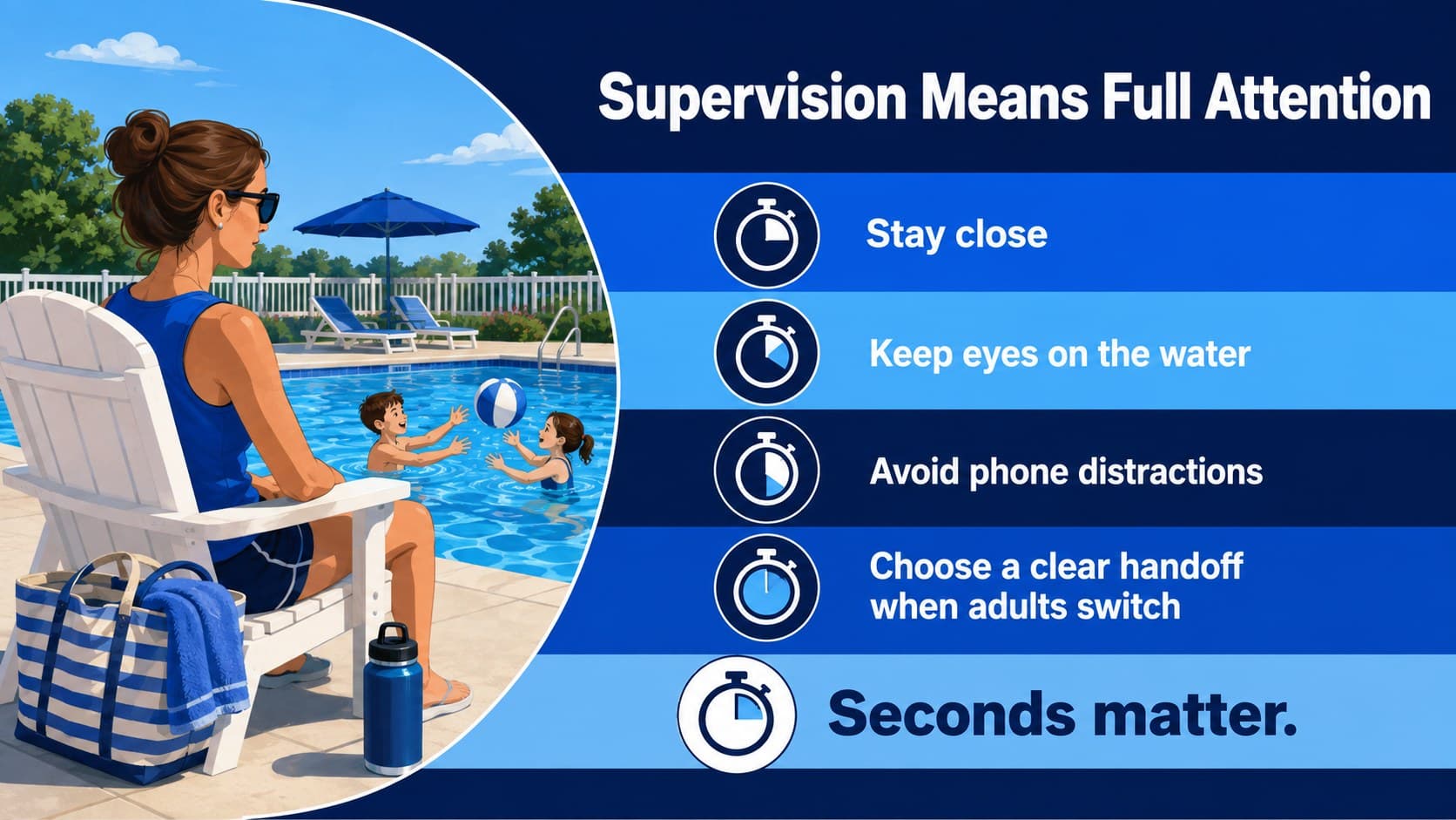 Water supervision slide with an illustrated adult scanning children near a pool and a four-point checklist.