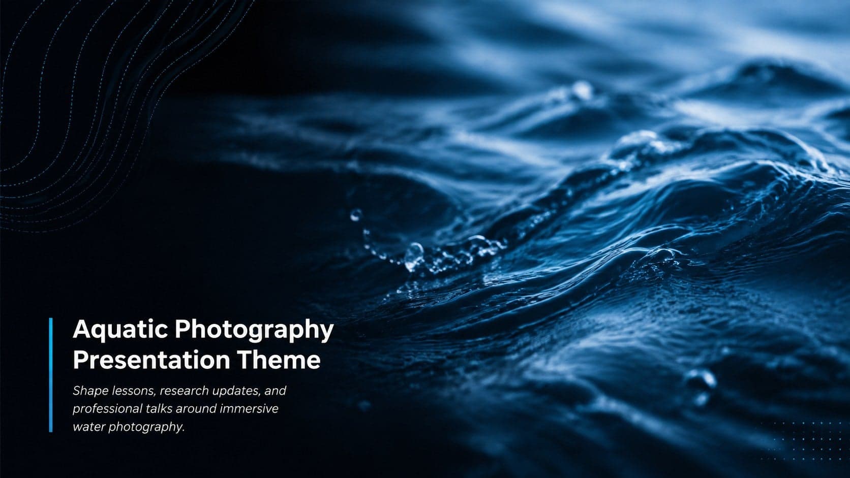 Cover of the Aquatic Photography Presentation Theme with deep blue water imagery and clean white typography.