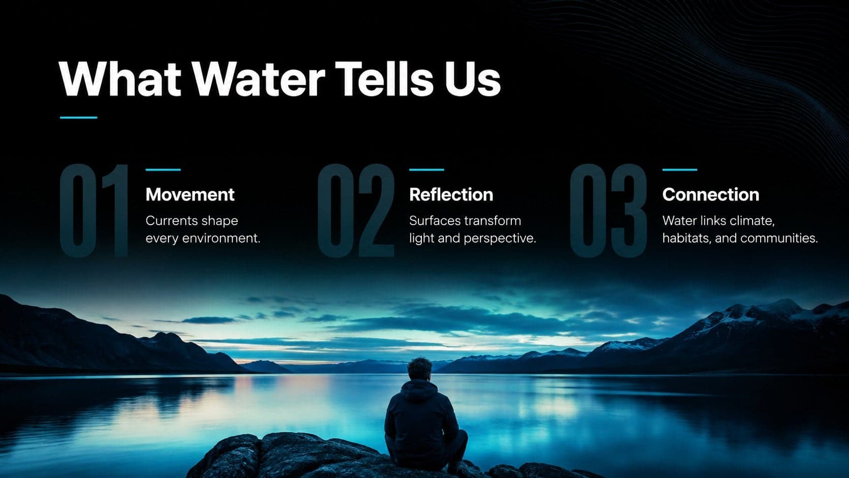 Water research overview slide displaying three concise insights over a blue-and-black photographic layout.