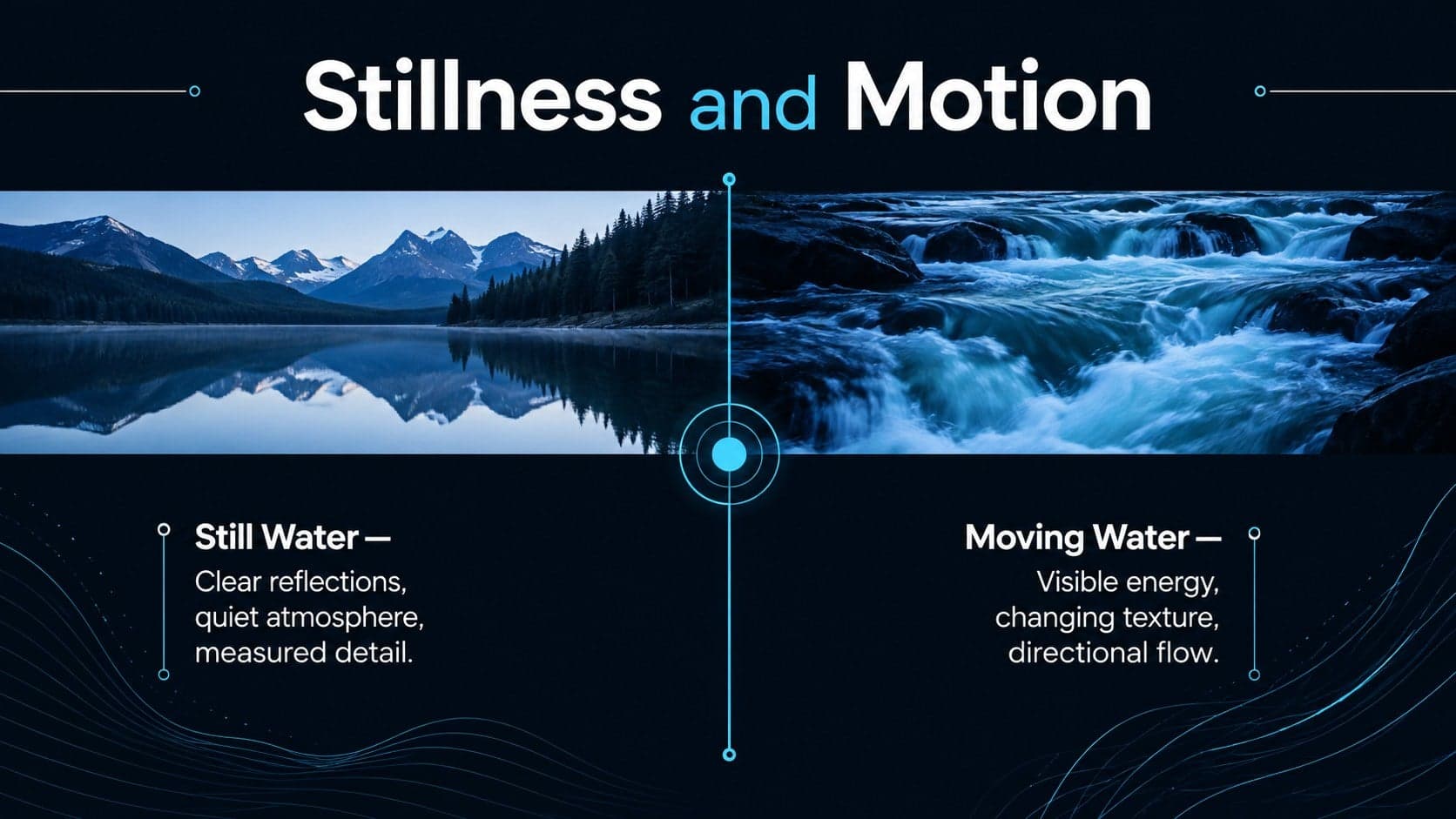 Blue-and-black comparison slide contrasting still water and moving water through two photographic panels.