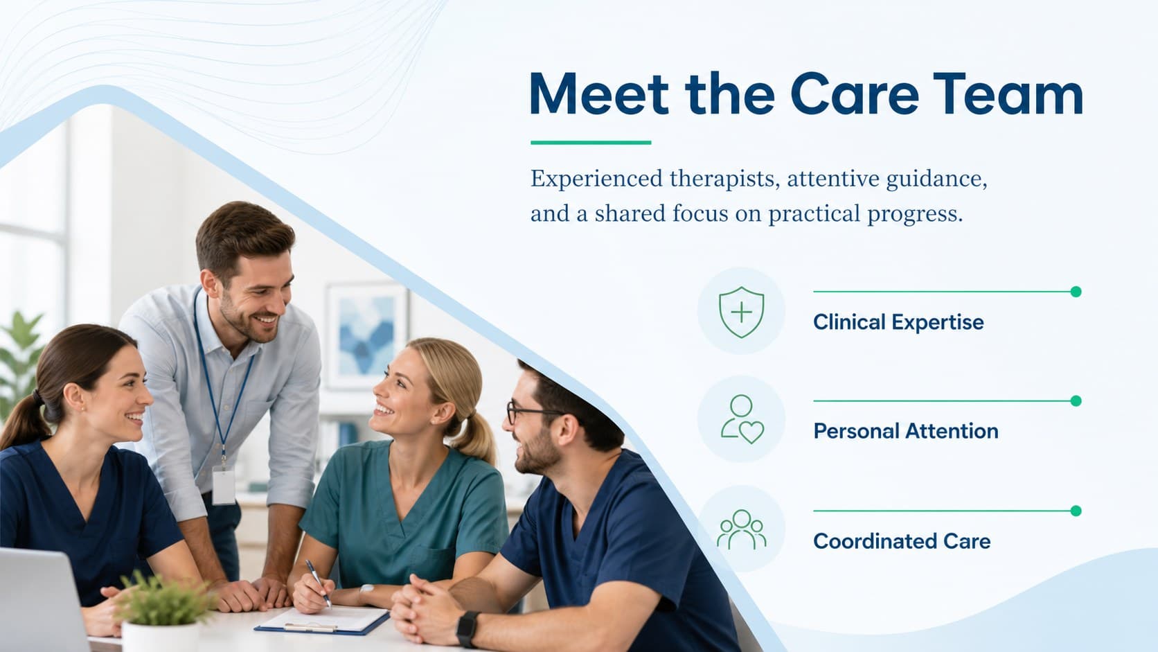 Aquatic rehabilitation team profile slide for a professional physical therapy clinic presentation.