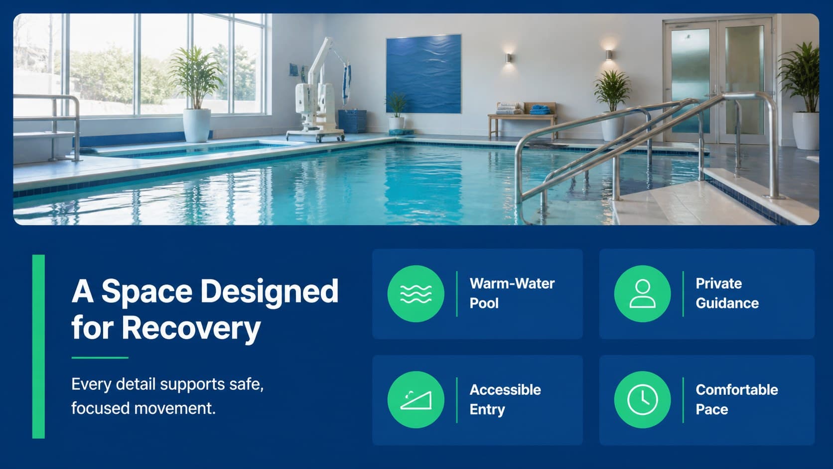Water therapy facility highlights slide featuring pool environment and patient-centered clinic details.