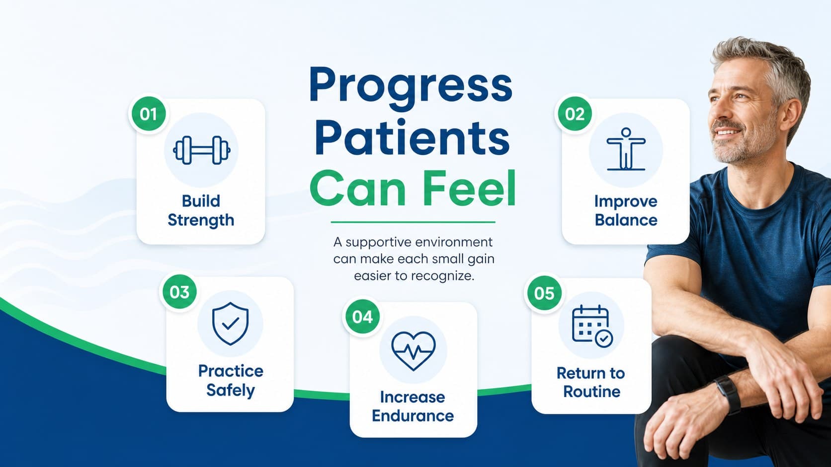 Patient benefits slide for an aquatic therapy clinic presentation with mobility and confidence outcomes.