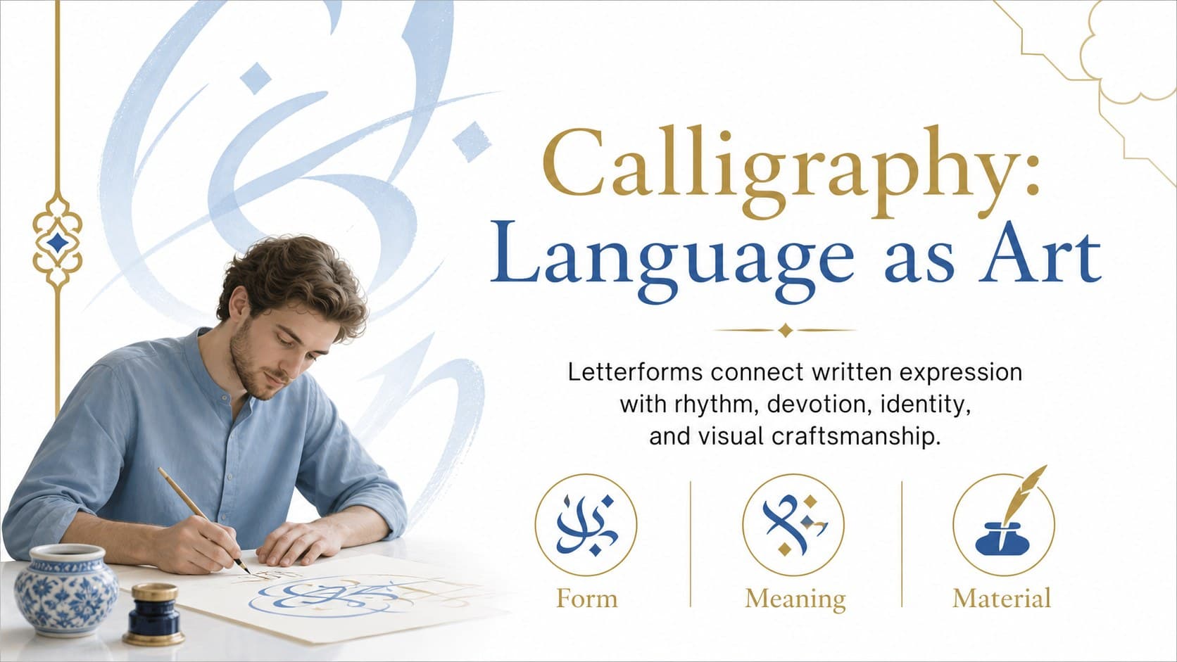 Calligraphy analysis page for a Middle Eastern culture academic presentation in blue and gold.