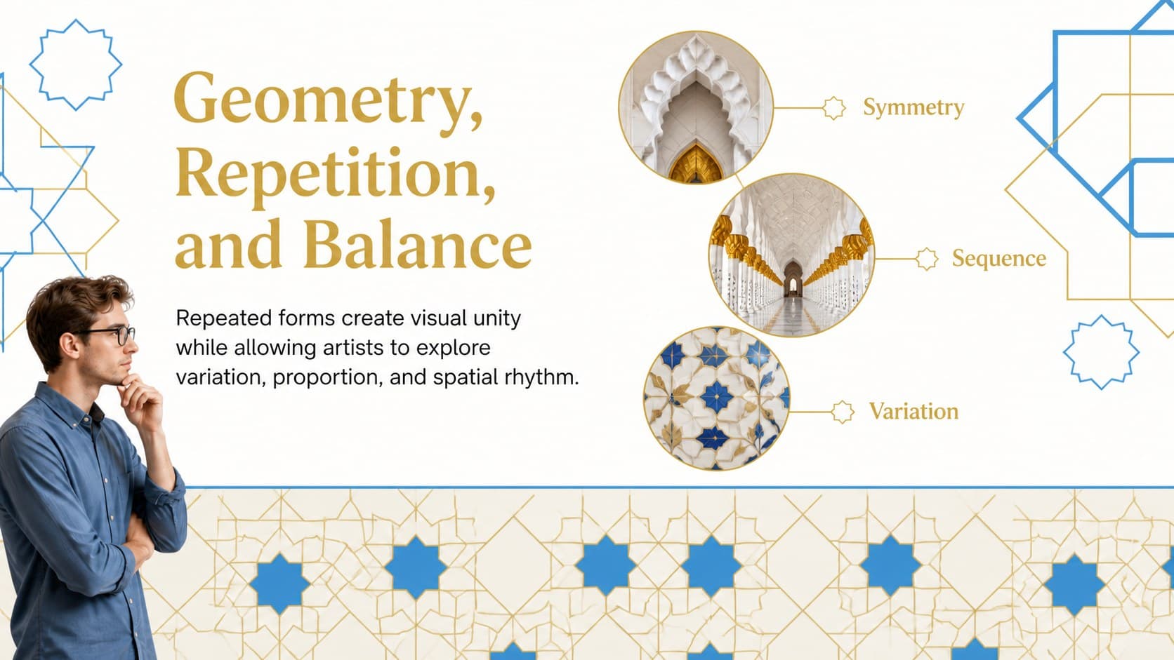 Geometric pattern study within an Arabic heritage thesis presentation using blue, white, and gold motifs.