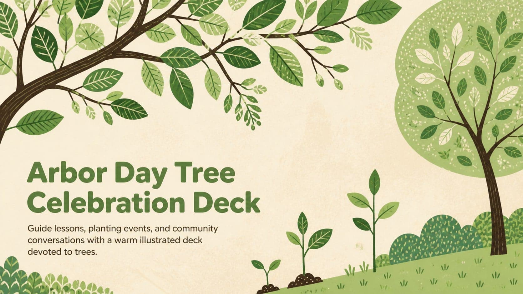 Cover of the Arbor Day Tree Celebration Deck with soft green botanical illustrations and an event-focused subtitle.