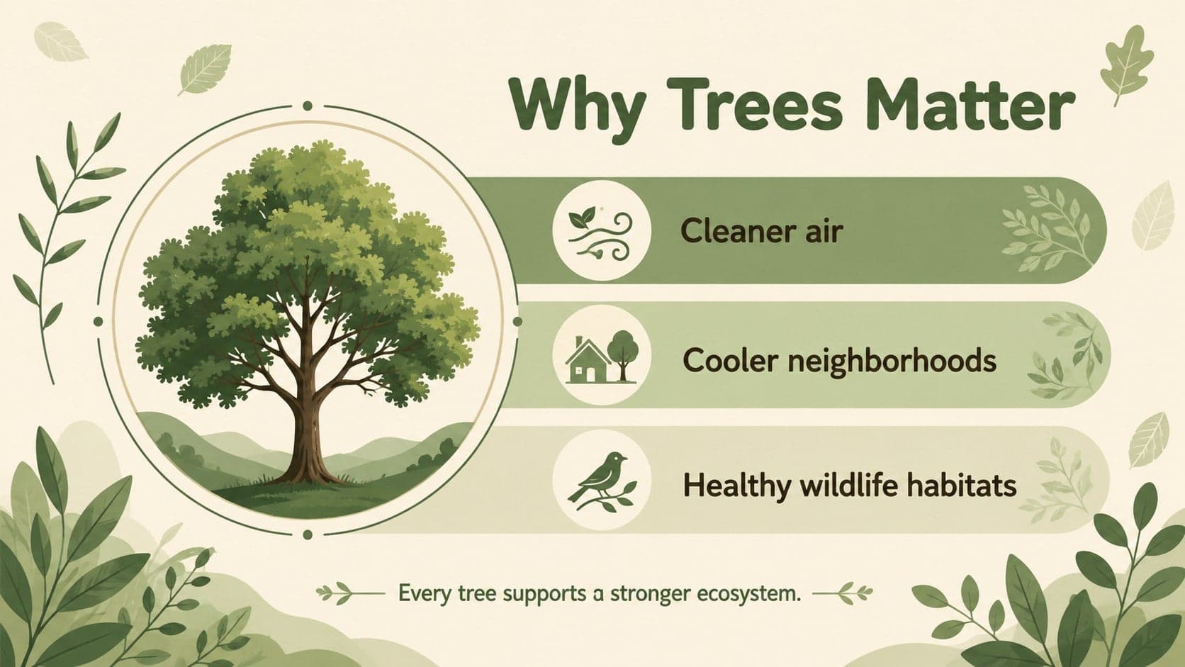 Environmental education slide explaining three benefits of trees with fresh botanical icons and green accents.