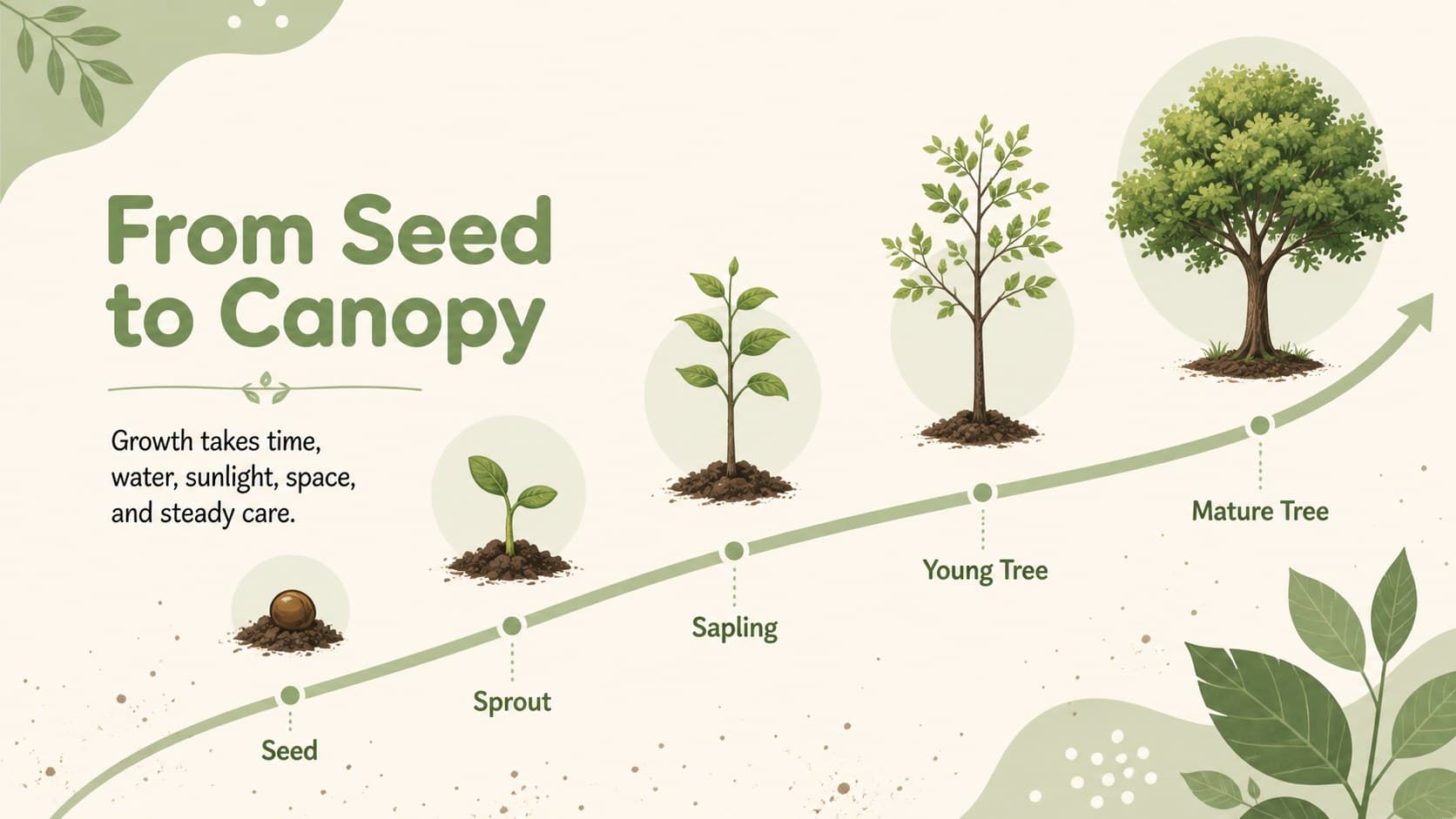 Tree conservation lesson slide showing the stages from seed to mature tree in an illustrated lifecycle.