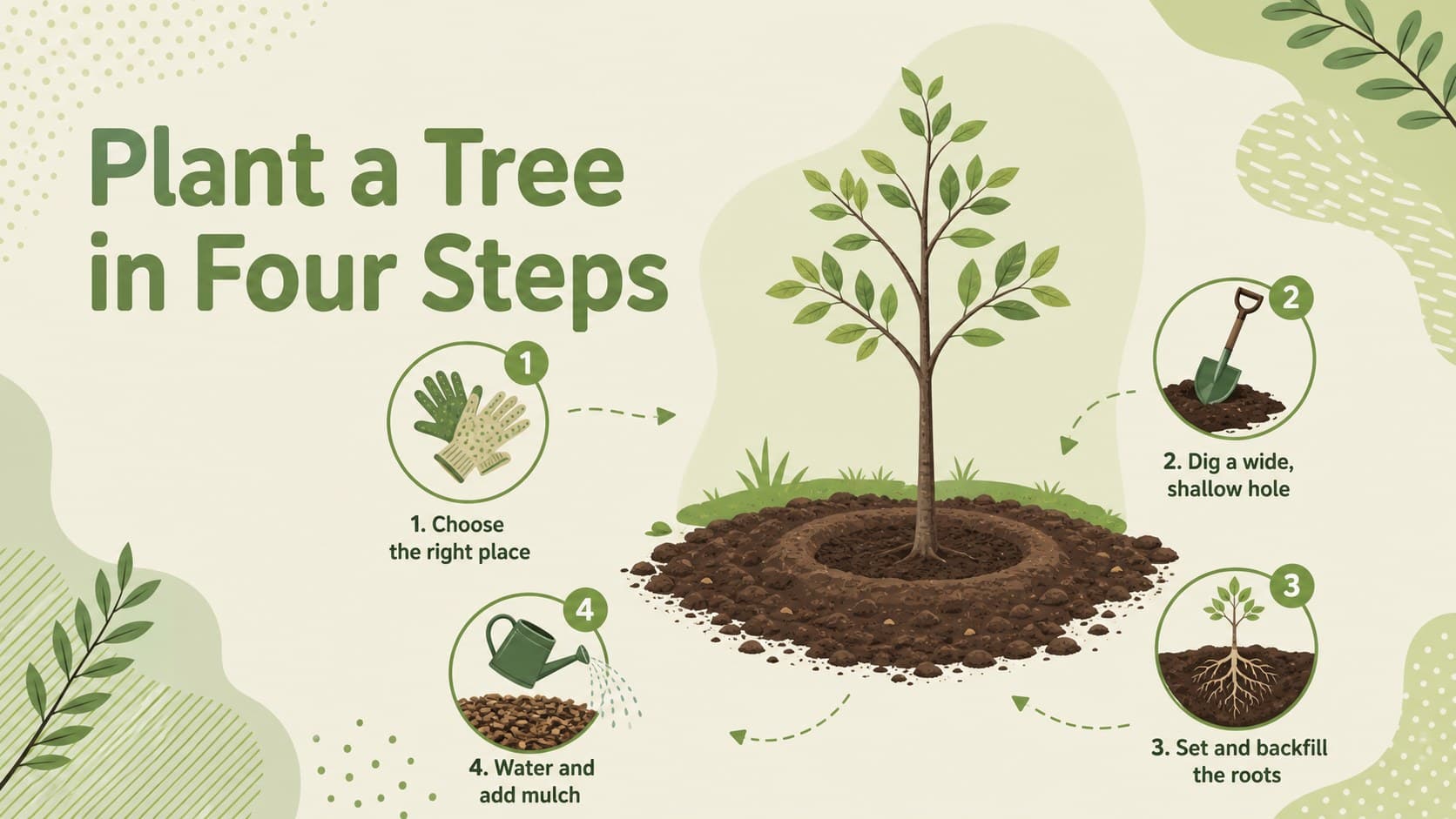 Tree planting event slide deck layout with illustrated tools and four clear planting instructions.