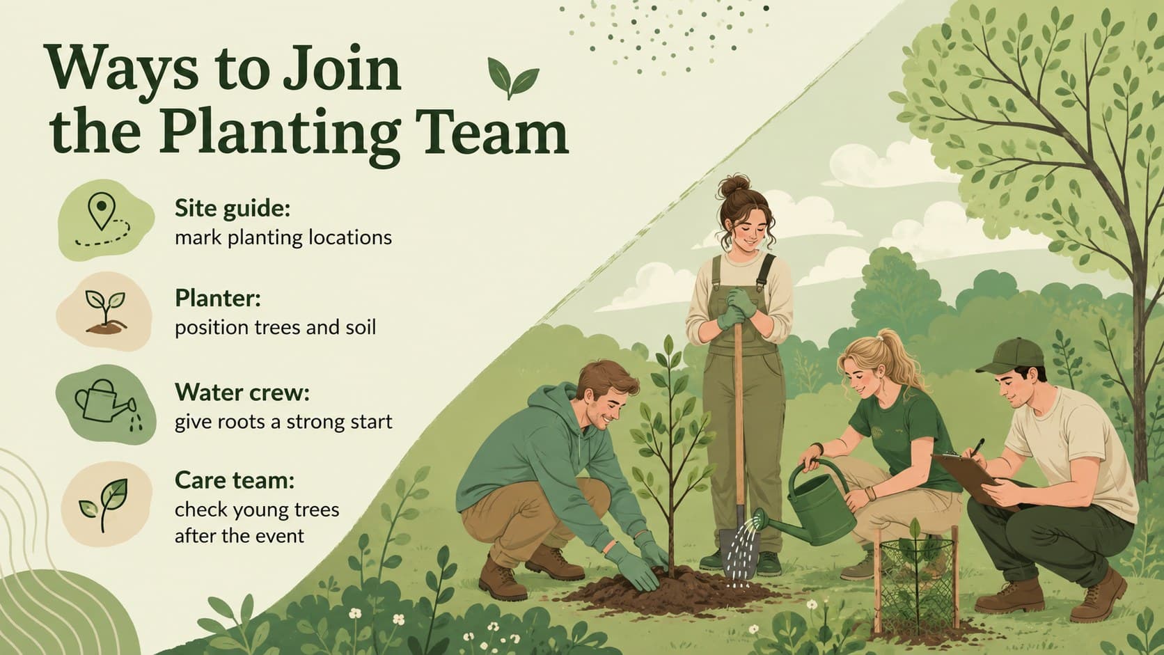 Community tree planting presentation showing volunteer roles in an illustrated garden-themed layout.
