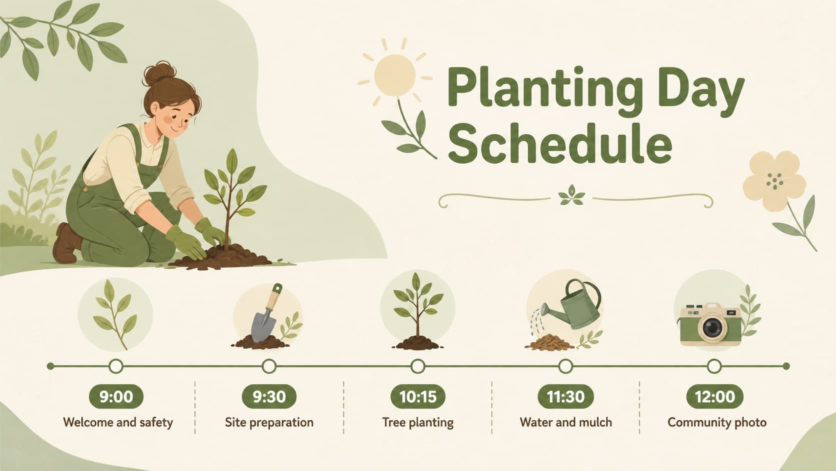 Arbor Day event planning slide with a clear morning timeline and illustrated tree planting activities.
